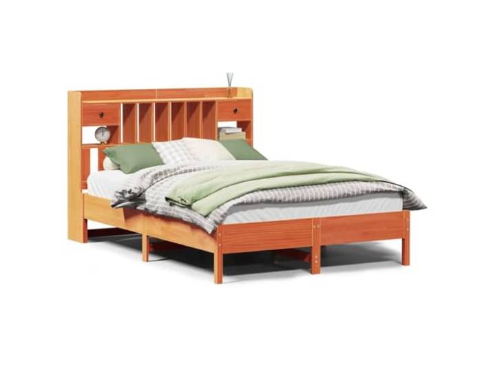 PUGYNBK Bett mit Regal aus Massivholz, 135 x 190 cm Lattenrost inklusive, ohne Matratze, Aufbewahrung am Kopfteil, platzsparend