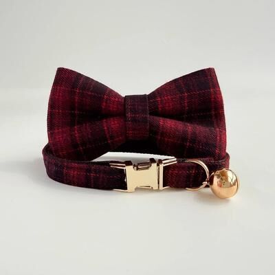 Uplifted Finds Elegant Tweed Check Cat Collar With Pearl Charm red Collar Bow l