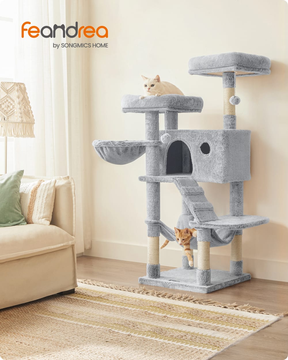 FEANDREA Arbre à chat 135 cm tour de jeux grand doux gris Gris 49x135x49cm