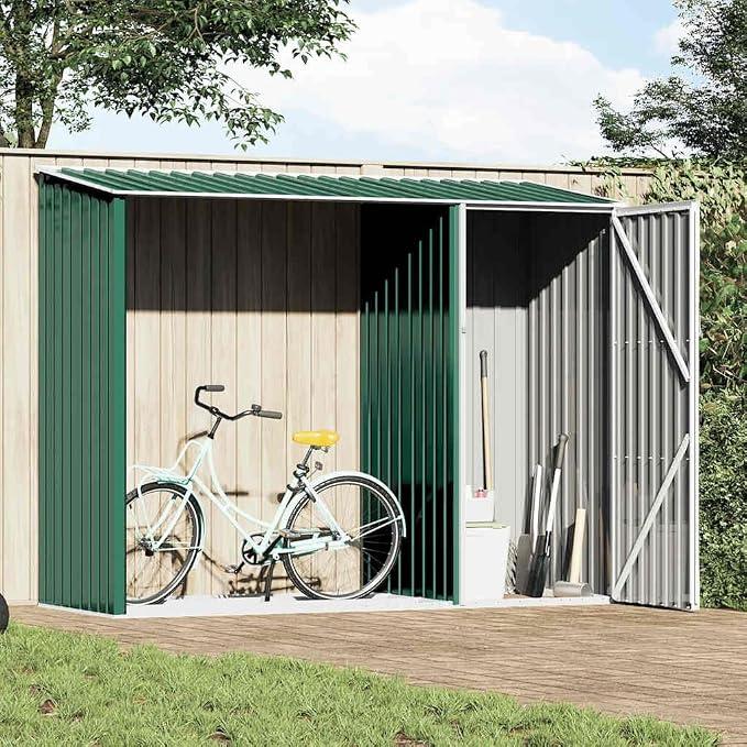 Garten Brennholzlager in Grün aus verzinktem Stahl 245x98x159 cm, wetterfestes Gerätehaus mit Holzregal, abschließbar und platzsparend für Werkzeug, Fahrrad
