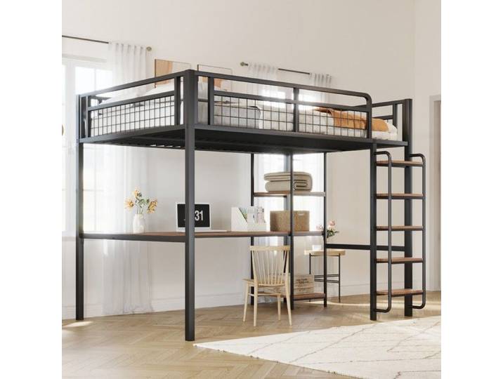 Lit superposé métal - PAGE Living - 140x200 cm - escalier sécurité - bureau et étagères intégrés
