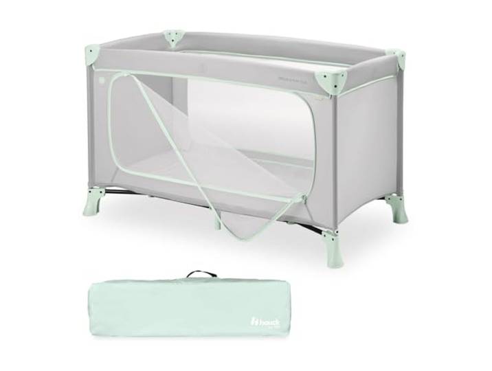 hauck Reisebett Baby mit XL Spielöffnung, Dream N Play Plus Dusty Mint Klein zusammenkappbar mit Tragetasche, 2-in-1 Kinderreisebett und Laufgitter ab Geburt bis 3 Jahre (15 kg), schnell aufgebaut