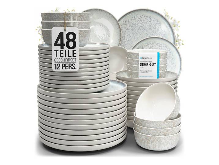 PURE LIVING INTERIOR DESIGN Geschirr-Set Ibiza aus Steingut, 48-tlg., für 12 Personen, Beige (48-tlg), 12 Personen, Steingut