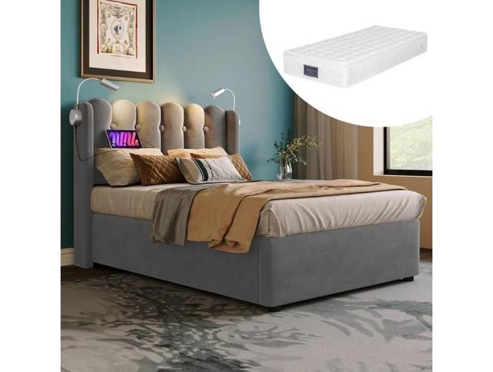 Lit coffre simple 90x200 cm Avec Matelas lit rembourré Tête de lit rangement Gris