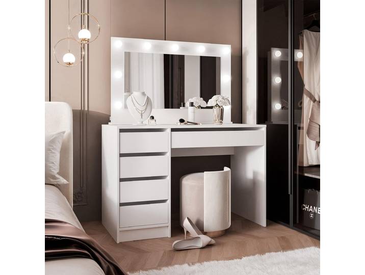 Idohome Coiffeuse BELLA II\, coiffeuse avec miroir et éclairage\, coiffeuse moderne\, coiffeuse avec tiroirs\, armoire à bijoux blanc mat