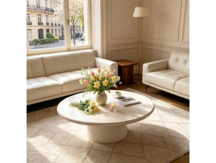 YPDOPORA Crema Weißer Oval Couchtisch,Couchtisch aus Holz Moderner Minimalistische Wohnzimmertisch mit stabilem Sockel für kleine Wohnzimmer,Einfache Montage