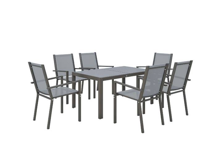 Ensemble de salle à manger de jardin pour 6 personnes, structure en acier, chaises empilables, couleur grise, parfait pour la terrasse, design durable et élégant, idéal pour recevoir des invités,