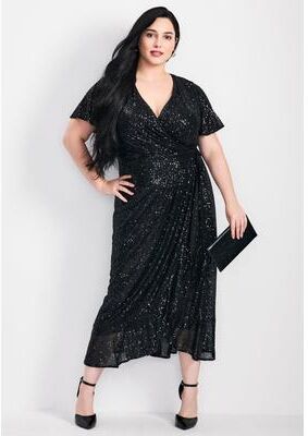 Plus Size Women's Nina Sequin Wrap Dress by Avenue in Black (Size 14)