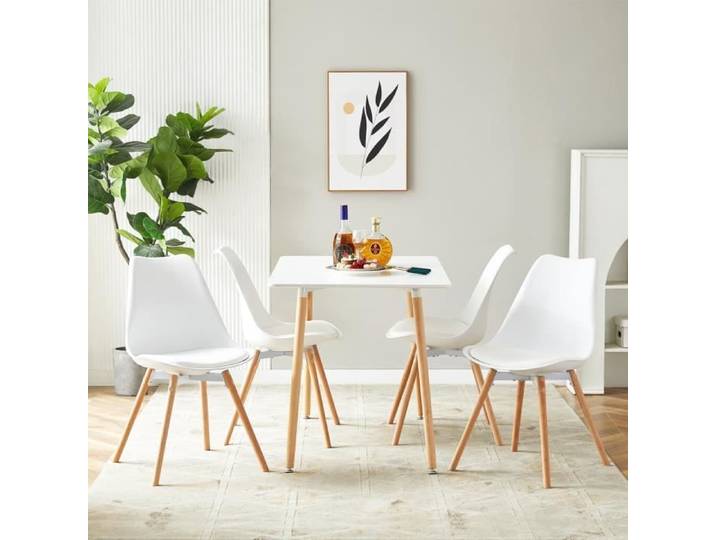 DORAFAIR Lot de 4 chaises de salle à manger - Blanc - Scandinave - Pieds bois