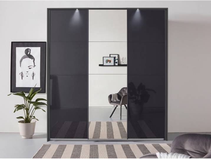 Schwebetürenschrank, Grau, 211x233x68 cm, Holzwerkstoff, Mit Mittelspiegel & Beleuchtung, Modern, Rauch