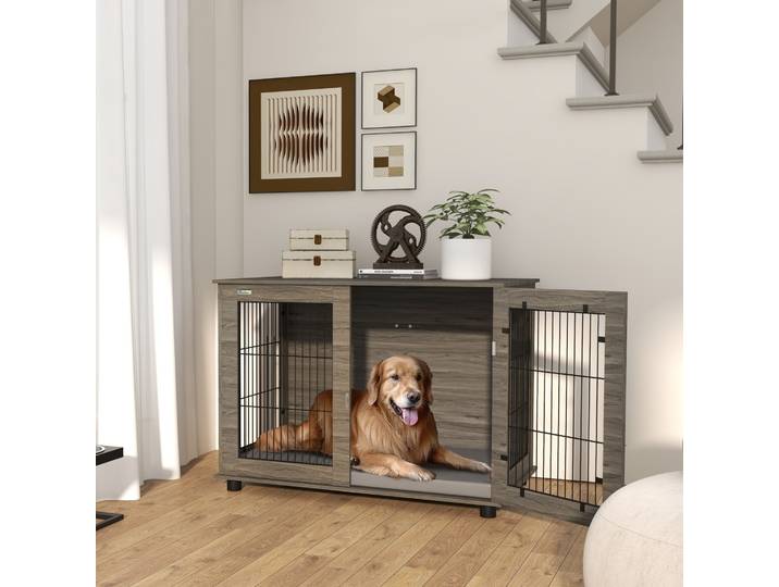 PawHut Cage Chien 2en1 Table+Coussin Verrouillable 100cm Gris