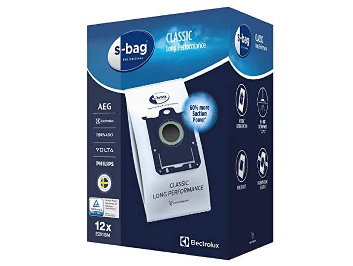 Electrolux E201SM Sac Aspirateur S-Bag Classic Long Performance\, Boite de 12 Sacs\, Optimise Le Flux d'air avec Le matériau synthétique résistant du Sac\, Adapté à de Nombreux Types d'aspirateurs