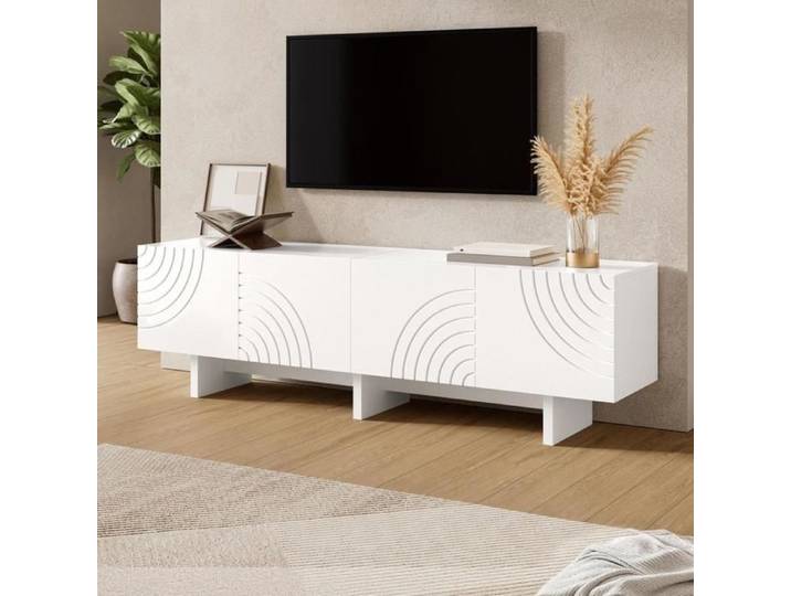 Meuble TV - KOMHTOM - 170x35x50 cm - MDF & PB - 4 portes à arcs géométriques - Blanc
