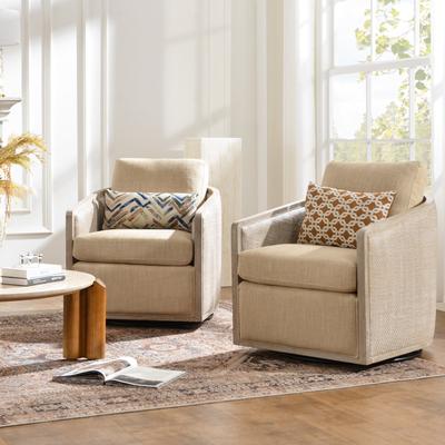 KINWELL Linen-Blend & Cane Solid Wood Frame Swivel Accent Chair