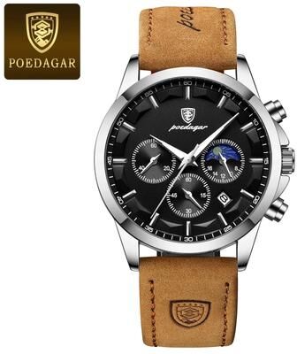 Inspire Select POEDAGAR 928L 2 Sports Luxury Men's Quartz Chronograph Watch With Luminous Date & Leather Strapwatch silver Black