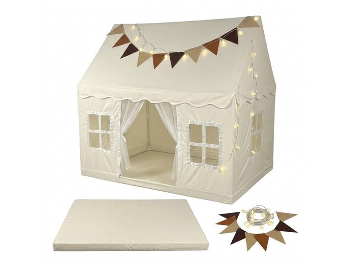 Relaxdays Spielzelt Beige mit Lichterkette 130x125x95 cm, Kunststoff, Textil, 125x130x95 cm, Freizeit & Co, Outdoor-Spielzeug, Spielhaus