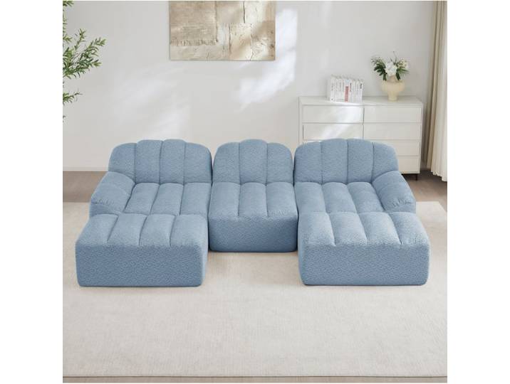 Canapé modulable bleu en U avec ottomans tissu polaire granulé