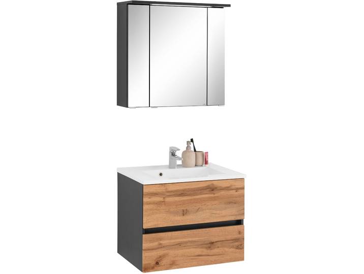 Badmöbel-Set WELLTIME Lucca , grau (graphitgrau, eichefarben), Kastenmöbel-Sets, Badmöbel-Set, Breite 60 cm, mit LED-Spiegelschrank