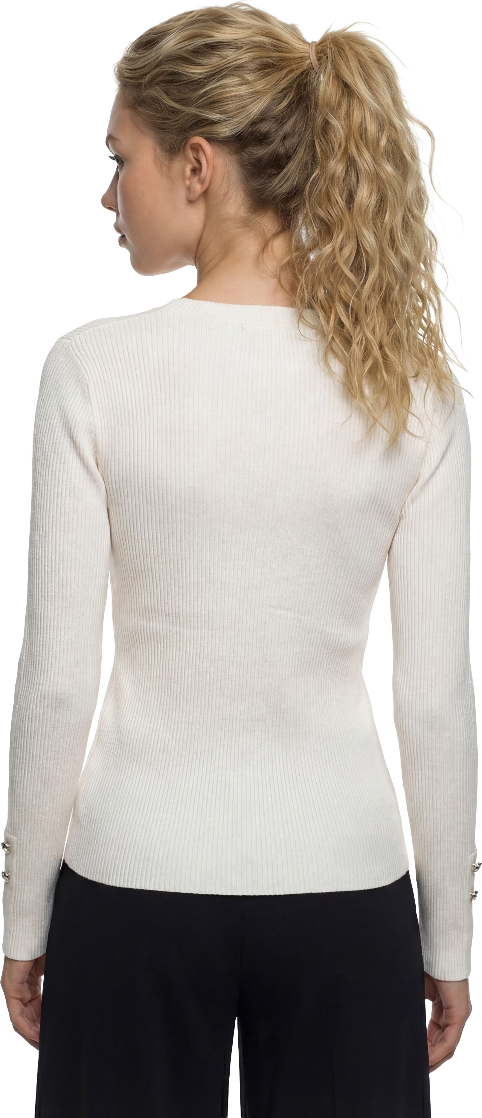 Longsleeve GUESS "LS VN ELLIE SWTR", Damen, Gr. S, beige (cream weiß), Rippware, Obermaterial: 71% Viskose, 29% Polyamid, unifarben, hüftlang, V-Ausschnitt, Ärmel mit Ärmelschlitz mit Knöpfen, Shirts Longsleeve, mit Knopfdetails an den Ärmelenden, Strickq