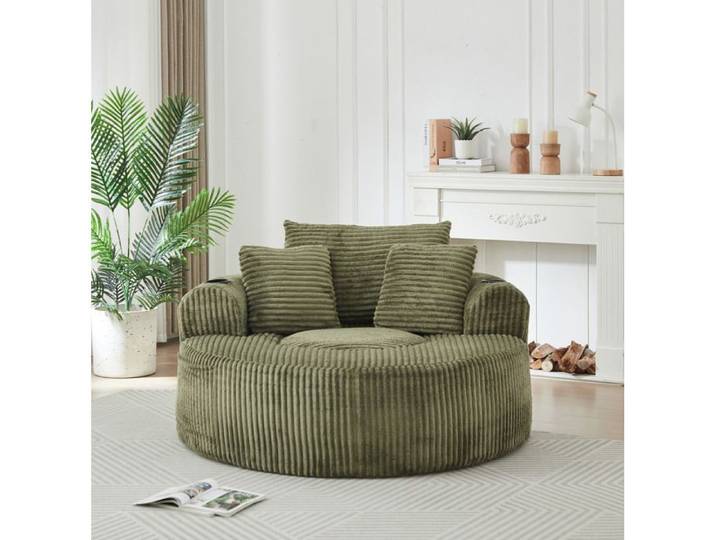 HOMVRA Fauteuil lounge rond 1 place en velours côtelé vert avec 3 coussins porte-boissons et rangements