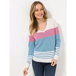DENIM & CO. Pullover, 1/1-Arm V-Ausschnitt Rippenbündchen Streifen Optik