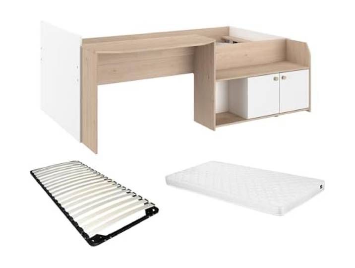 Vente-unique-Kombibett 90 x 190/200 cm - Natur und WeiÃ Â ÂÂ Ã Â ÂÂ + Lattenrost + Matratze - MIVONA
