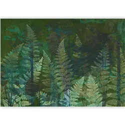 Artgeist, Tapete, Fototapete - Green abstraction in the forest - fern leaves in the trunks with patterns (400 x 280 cm)