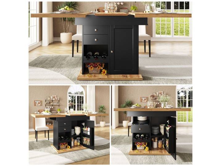 Table à manger télescopique - TRUXEN8 - Extensible - Rangement multifonctionnel - Noir/Naturel