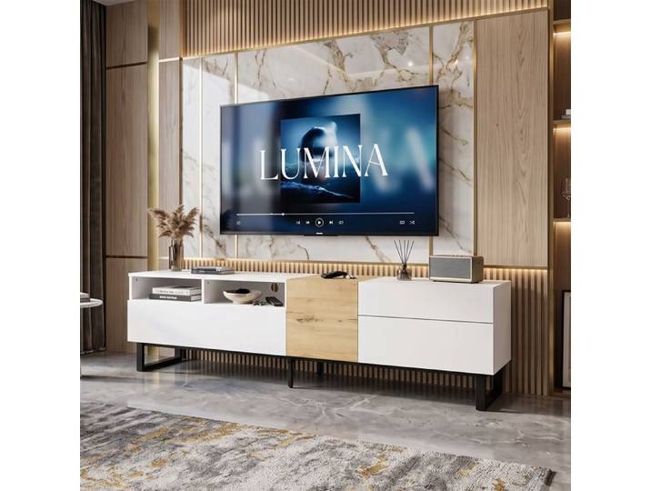 Meuble TV 180x38x50cm Grand Rangement Gain de Place Design Soigné Blanc et Bois