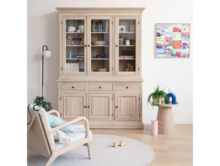 Vaisselier en chêne blanchi 3 portes vitrées 3 tiroirs 3 portes bois