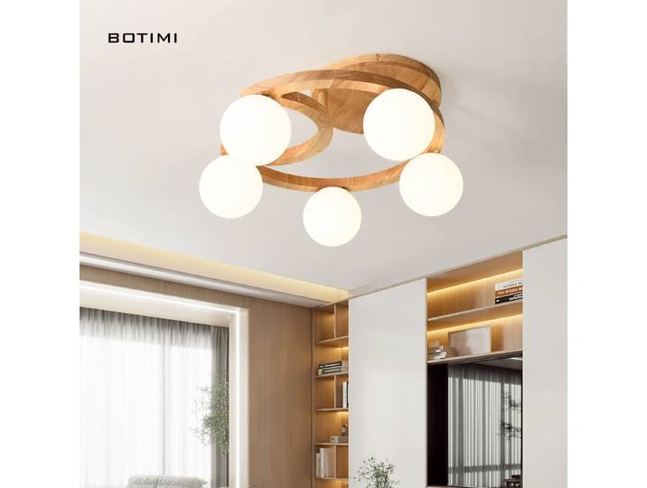 BOTIMI Moon plafonniers en bois massif avec abat-jour ronds en verre pour salon lampe de chambre moderne plafonniers montés en Surface
