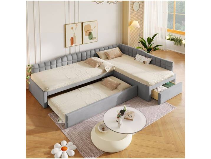Lit Combiné Simple 90×200 cm et 90×190 cm Gigogne Tiroirs Rembourré Sans Matelas - MIVRAY - Gris