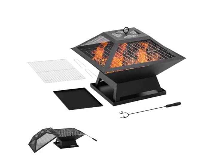 Outsunny Feuerschale mit Funkenschutz Schürhaken 45 x 45 x 34cm Schwarz