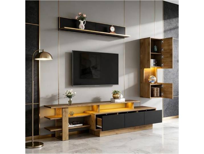 Ensemble meuble TV avec LED - Meuble TV 180x40x45 cm - Vitrine 30x30x100 cm - Étagère murale 120x13 5x18 cm