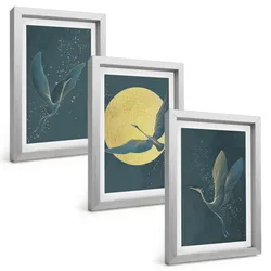 BILDER SET 3er Set - 20x30 cm Silberner Rahmen - Kraniche im Flug bei Nacht