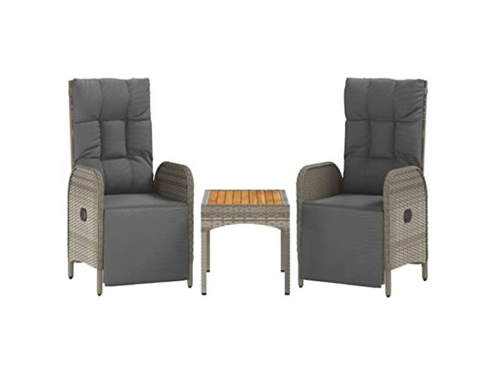 FDSAQOPT Garten-Relaxstühle 2 STK. mit Tisch Grau Poly Rattan Liegefunktion, verstellbare Rückenlehne und Fußstütze, Kissen mit Reißverschluss, Akazienholz Tischplatte, Montageanleitung