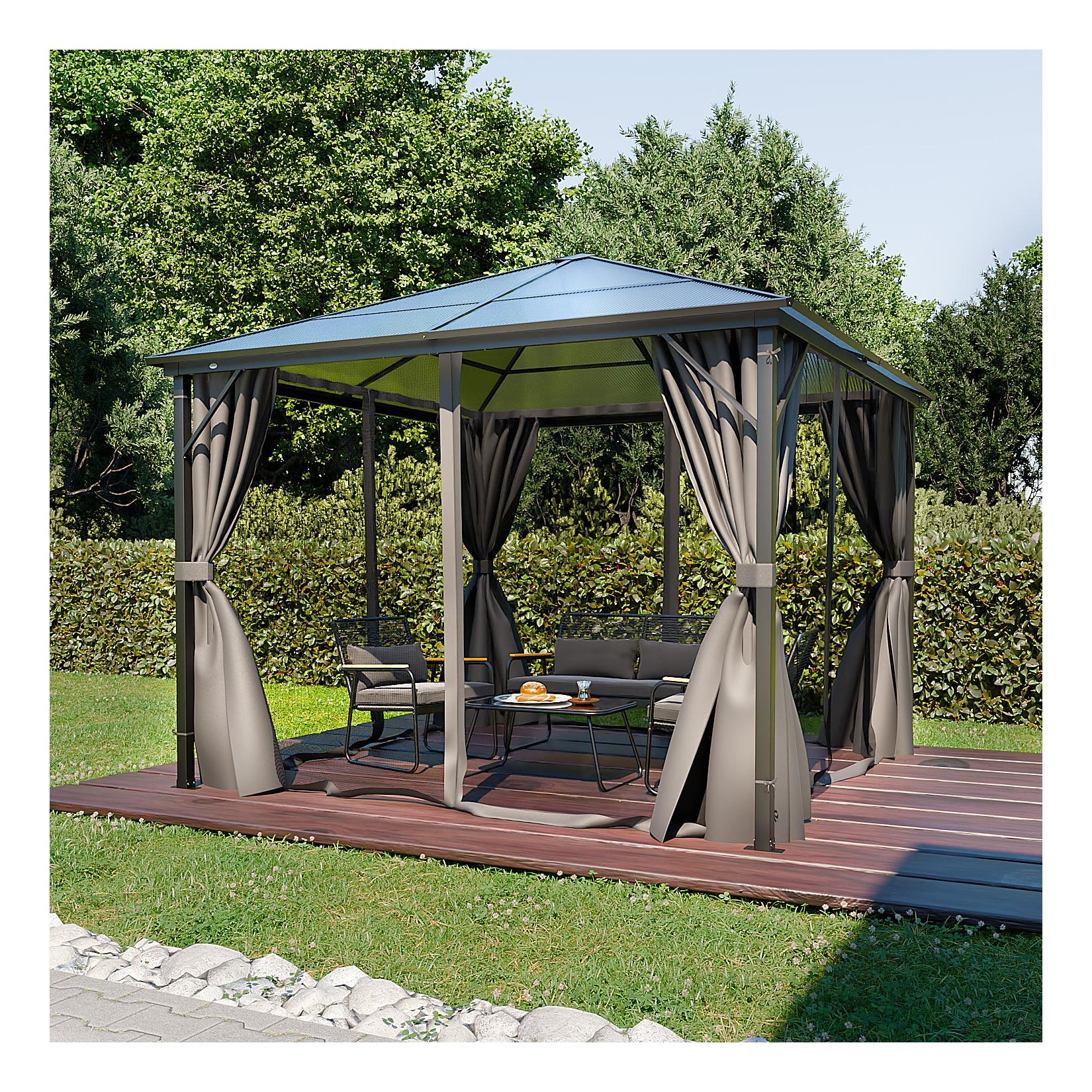 GARMIO® Pavillon 3x3m Garten Überdachung mit Polycarbonat - Dach & Moskitonetz, Seitenteile wasserdicht in anthrazit, mit Metallgestell & Aluminiumrahmen, für Outdoor