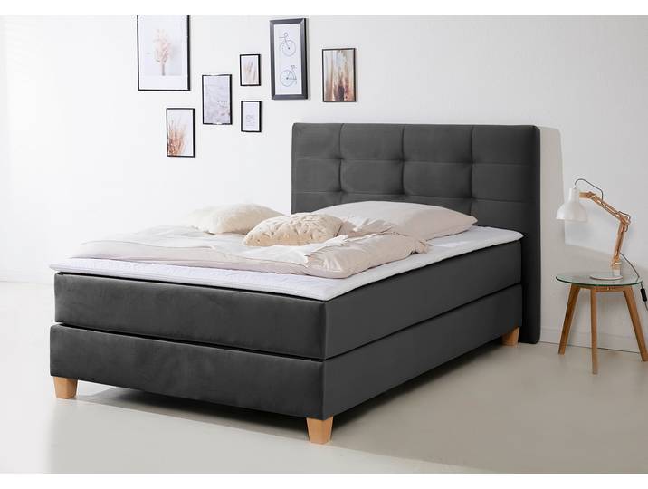 Boxspringbett, Samtstoff, Anthrazit, 134×211 cm, Mit Topper, Klassisch, Home-affaire