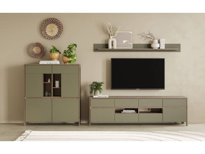 Wohnwand HOME AFFAIRE Stranda, moderne Anbauwand, Komplettset im Scandi-Style , grün (eukalyptus skandi eiche), B:319cm, Holzwerkstoff, Kastenmöbel-Sets, Wohnwand, enthält Lowboard, Highboard und Wandboard, 324 cm breit