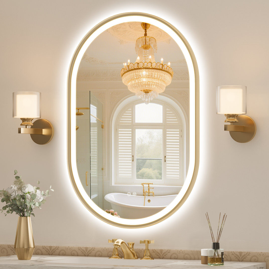 Oval Lighted Frameless Wall Mounted Accent Mirror Gold Frame 90cm H x 60cm W