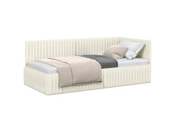PUGYNBK Eckbettgestell in Creme, 90 x 190 cm, Samt Platzsparendes L-Design, verstellbares Kopfteil, Lattenrost, Verwendung als Sofa oder Bett