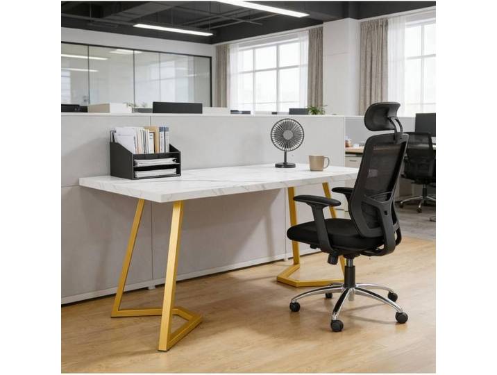 WOVREO Bureau informatique droit 140 x 80 x 75 cm plateau imitation marbre métal et bois blanc et or