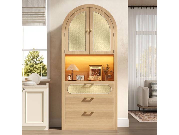 Vitrine LED réglable arrondie 80x35x180 cm avec 2 portes en rotin 3 tiroirs niche ouverte salon entrée blanc et naturel