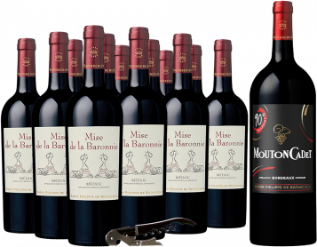 Pack 12 Flaschen Mise de la Baronnie Medoc Rouge 2020 + Kellnermesser Gratis + 1 Magnum Mouton Cadet 2023 Gratis - 9L Bordeaux