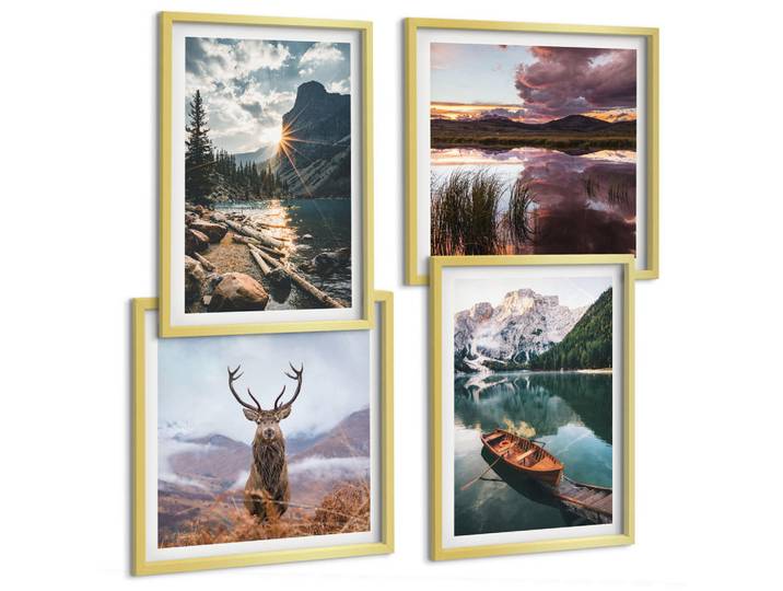 Tulup Bilder SET 4er Set - 50x50 cm & 40x60 cm Goldrahmen - Bergsee, Bootsfahrt, Sonnenuntergang, Hirsche, Goldfarben, Kunststoff, Rechteckig, 50x50 cm, Fotografie, Bilder & Rahmen, Bilder