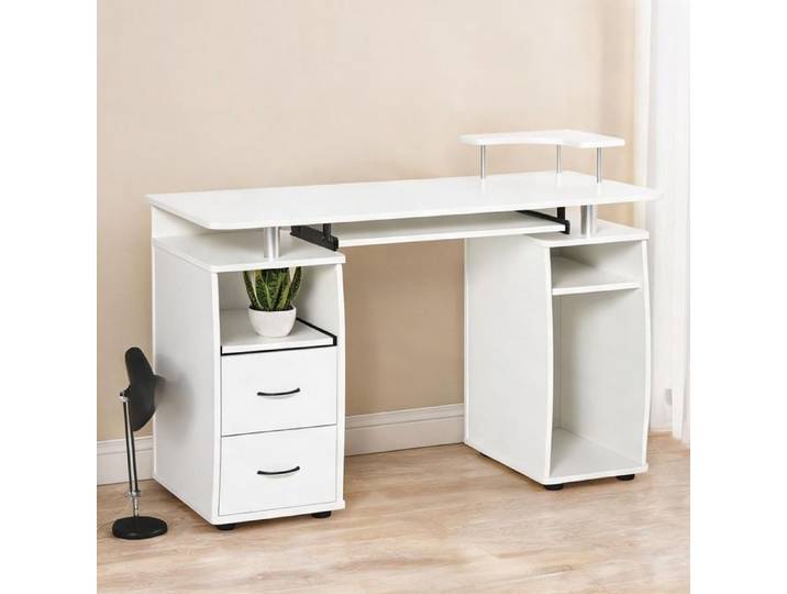 Bureau informatique contemporain 120x55 cm blanc avec tiroirs et tablette clavier coulissante