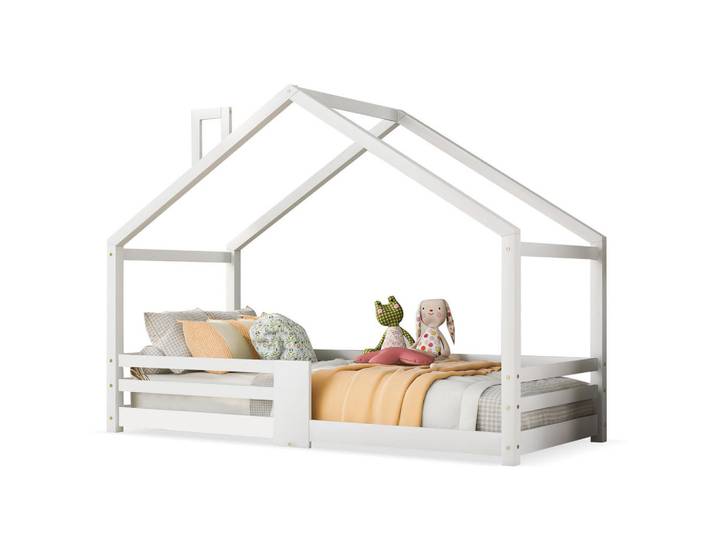 Evryae Kinderbett 90/200 mit Rausfallschutz, Schornstein und Lattenrost in Weiß, 90x200 cm, Babymöbel & Kindermöbel, Kinderzimmer & Jugendzimmer, Kinderbetten