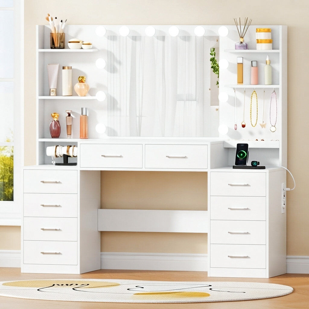 Canora Grey Elowen Dressing Table With 10 Drawers, Jewellery Storage, Power Outlet And 3 Colors LED Light White 140cm H X 150cm W X 40cm D