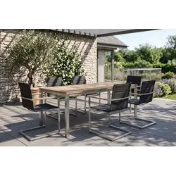 OUTFLEXX Garten-Essgruppe, Edelstahl/recyceltes Teak, Tisch 180 x 90 cm, 6 Freischwinger padded, schwarz, FSC®-zertifiziertes Produkt