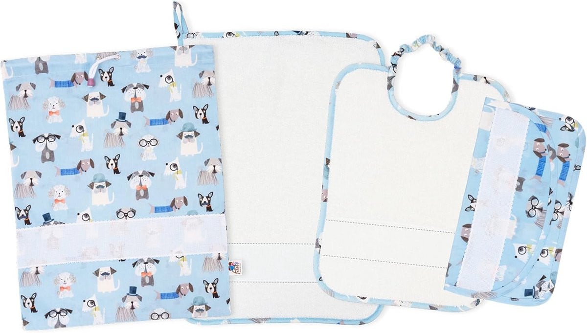 4-delige schoolset met hondenmotief inclusief slabbetje, handdoek, luiertas en servethouder